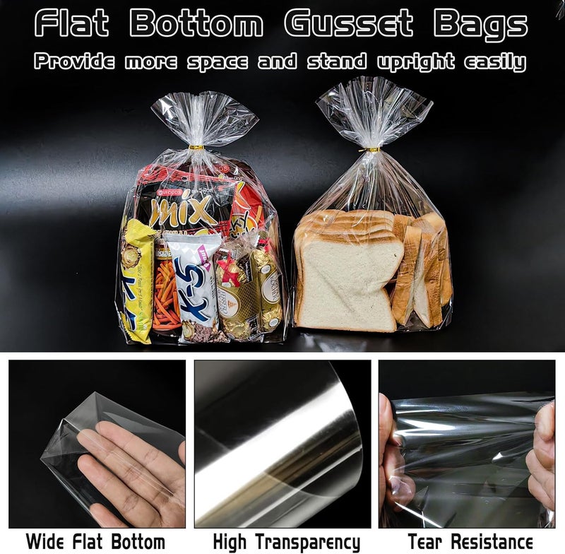 QOIUSO 50Pcs Bottom Gusset Cellophane Bags: 9x12 Inches Clear Gift Bags with Twist Ties for Candy Treat Goodies Mug Party Favors and Gift Wrapping - Durable Plastic Cellophane Gift Wrap - Image 4